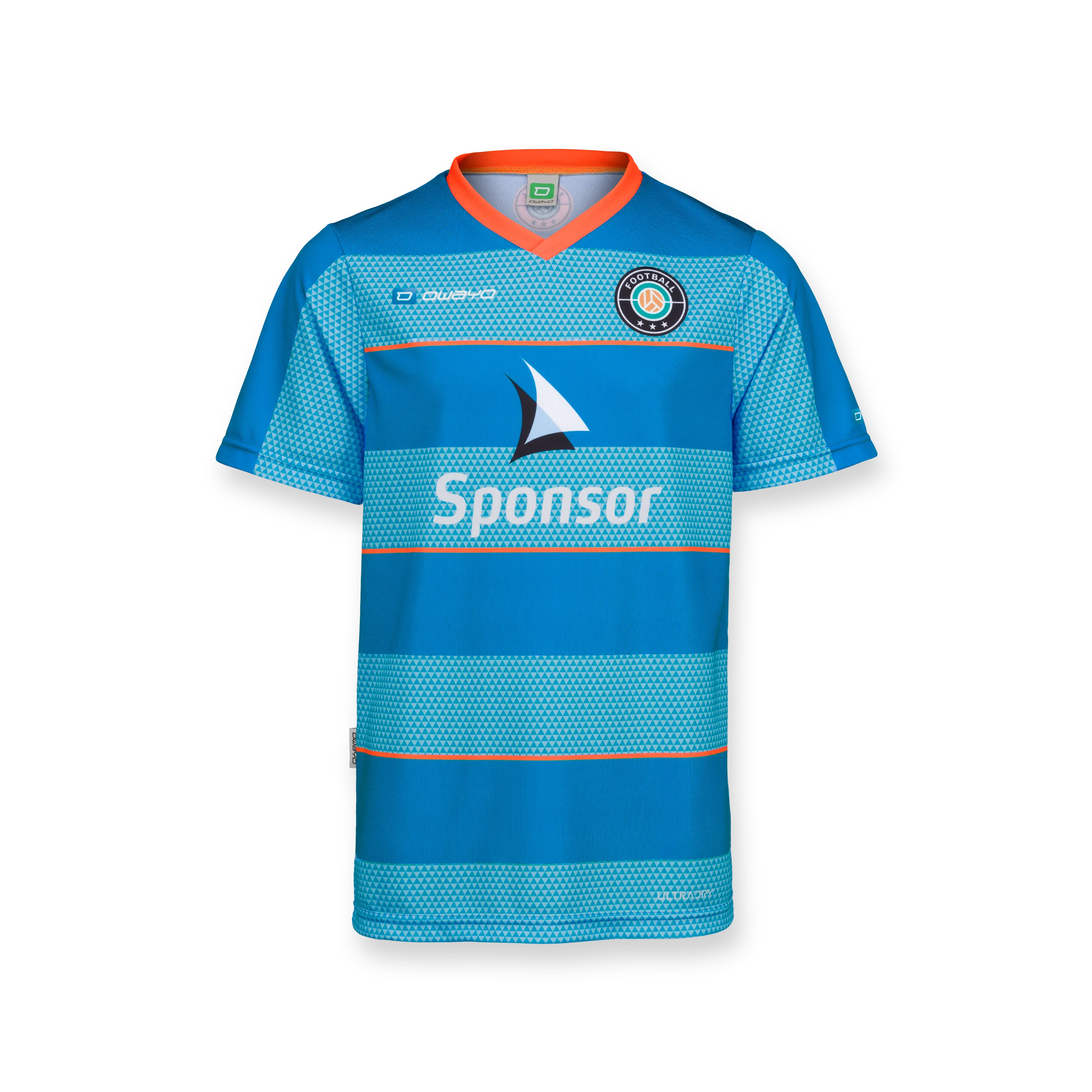 Een blauw kindertricot met een oranje kraag en horizontale strepen, met een sponsorlogo aan de voorkant.