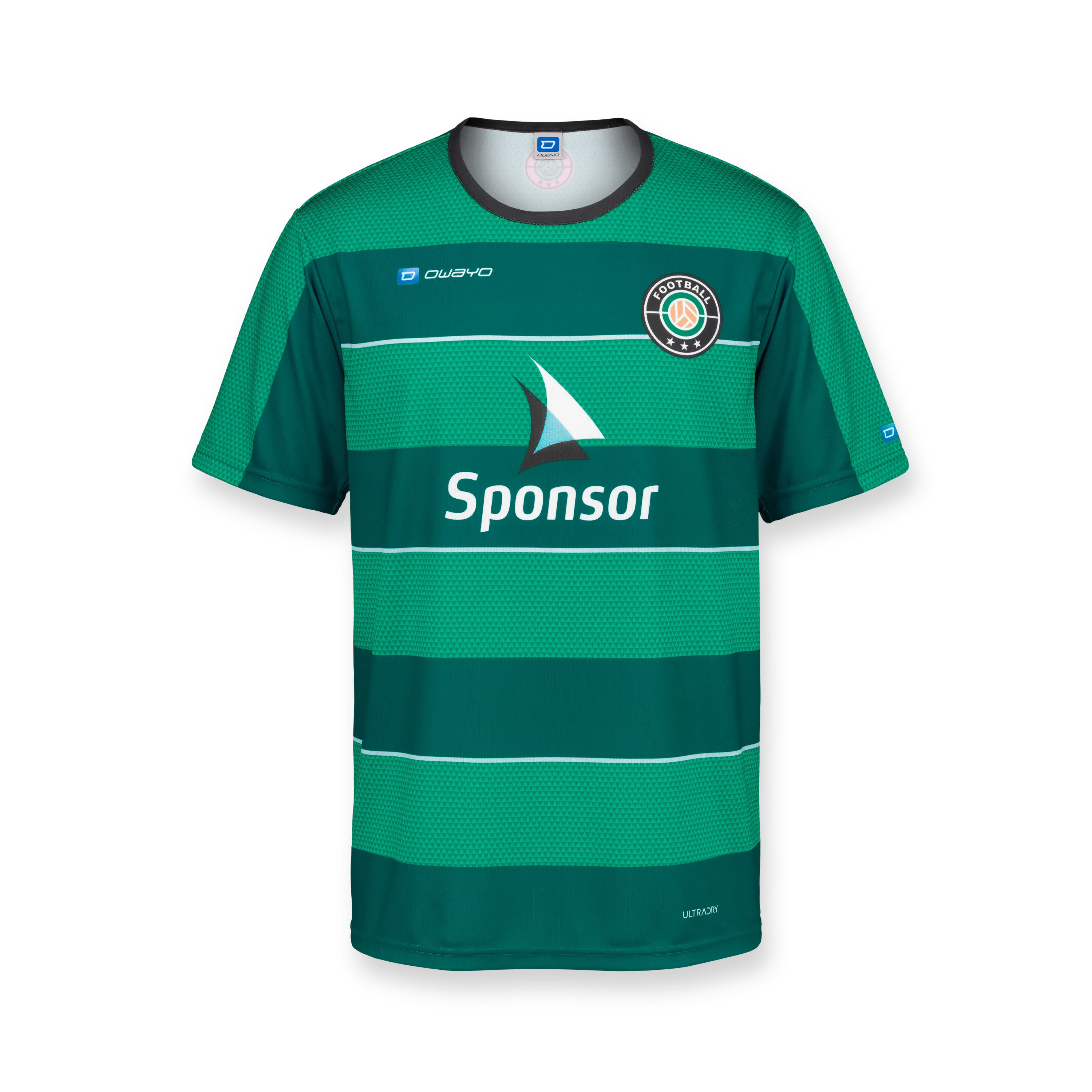 Groen voetbalshirt met brede horizontale strepen en een ronde kraag, met een sponsorlogo aan de voorkant.
