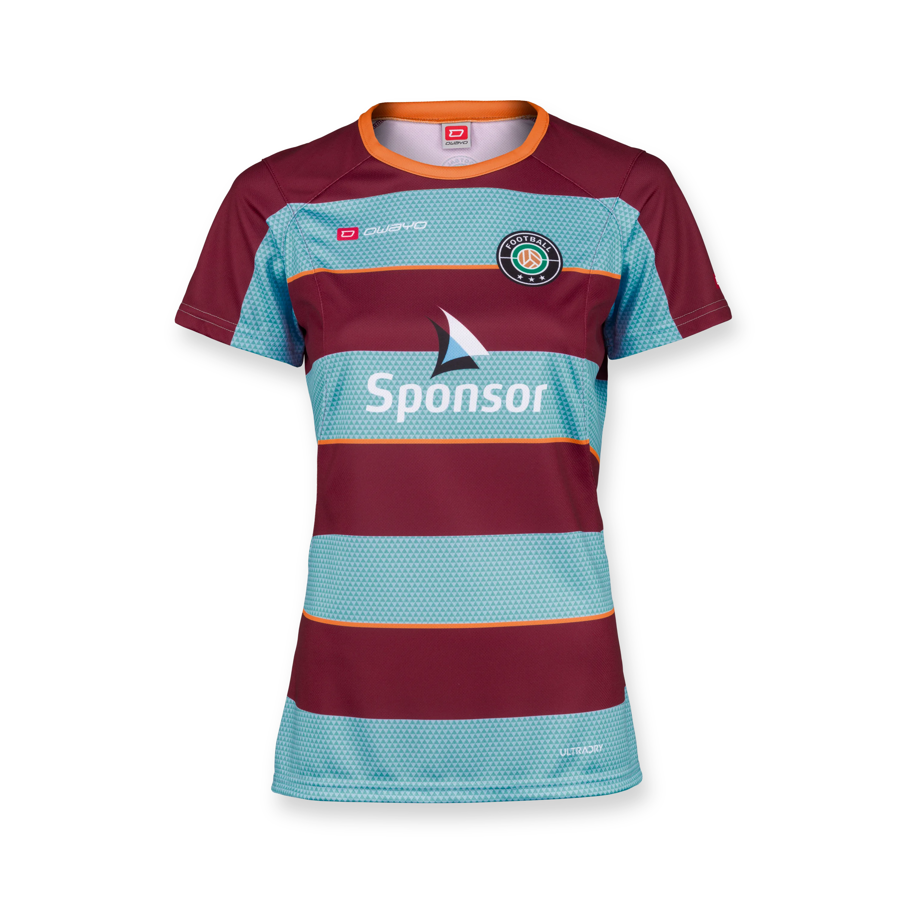 Een rood en blauw gestreept sportshirt met een ronde hals en een sponsorlogo op de voorkant.