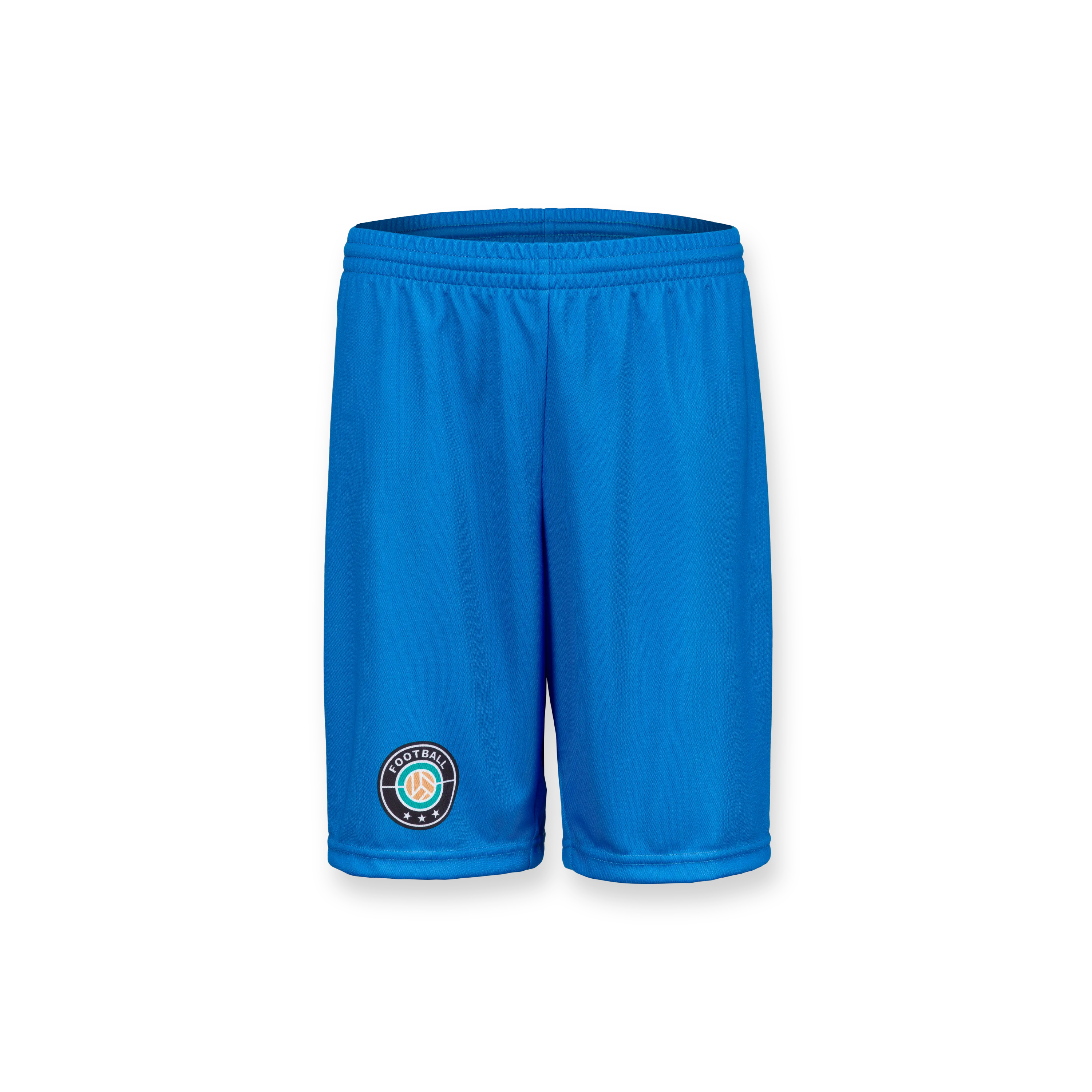 Blauwe sportshorts met een elastische tailleband en een rond logo aan de linkerkant.