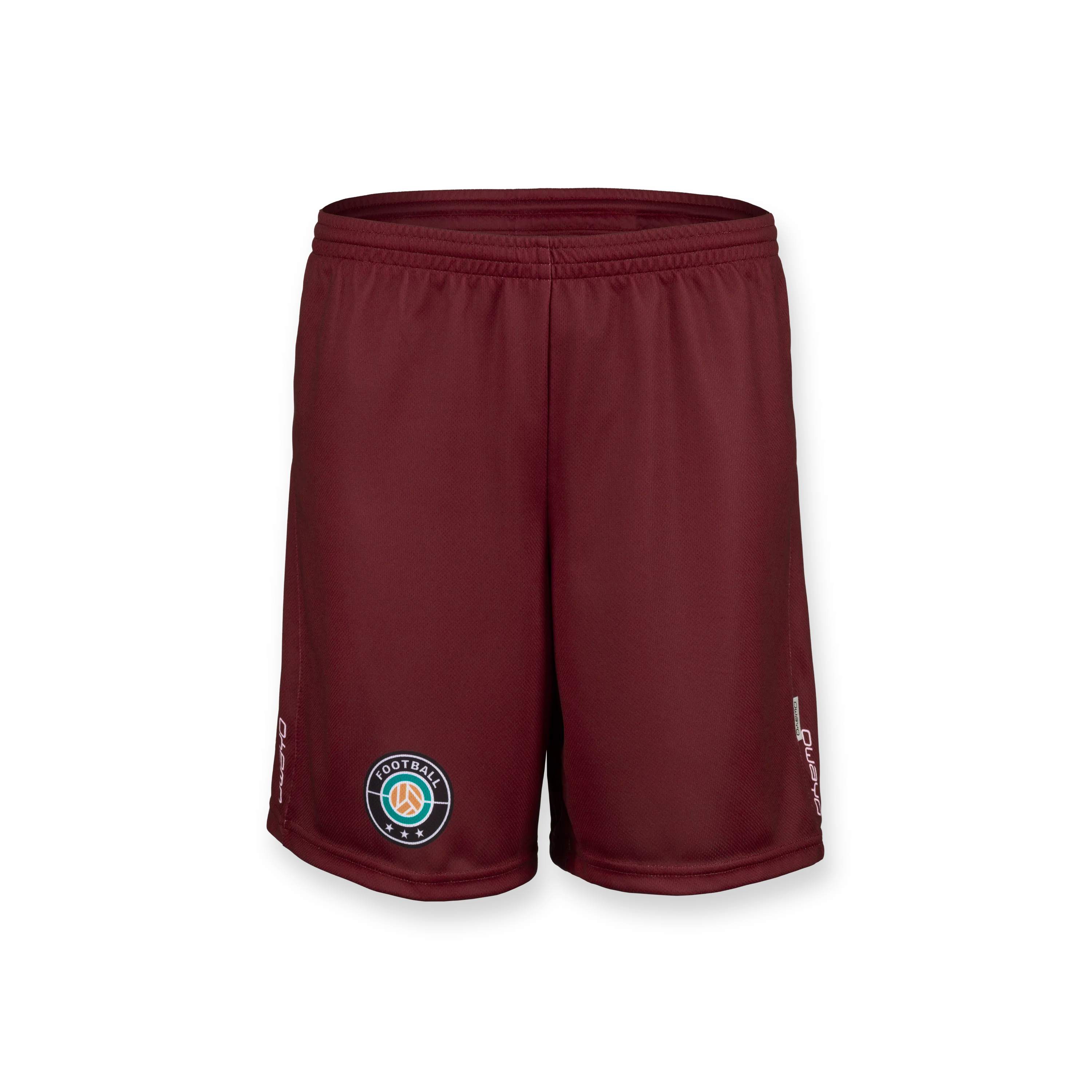 Korte bordeaux sportshorts met een voetbal logo op het linkerbeen.