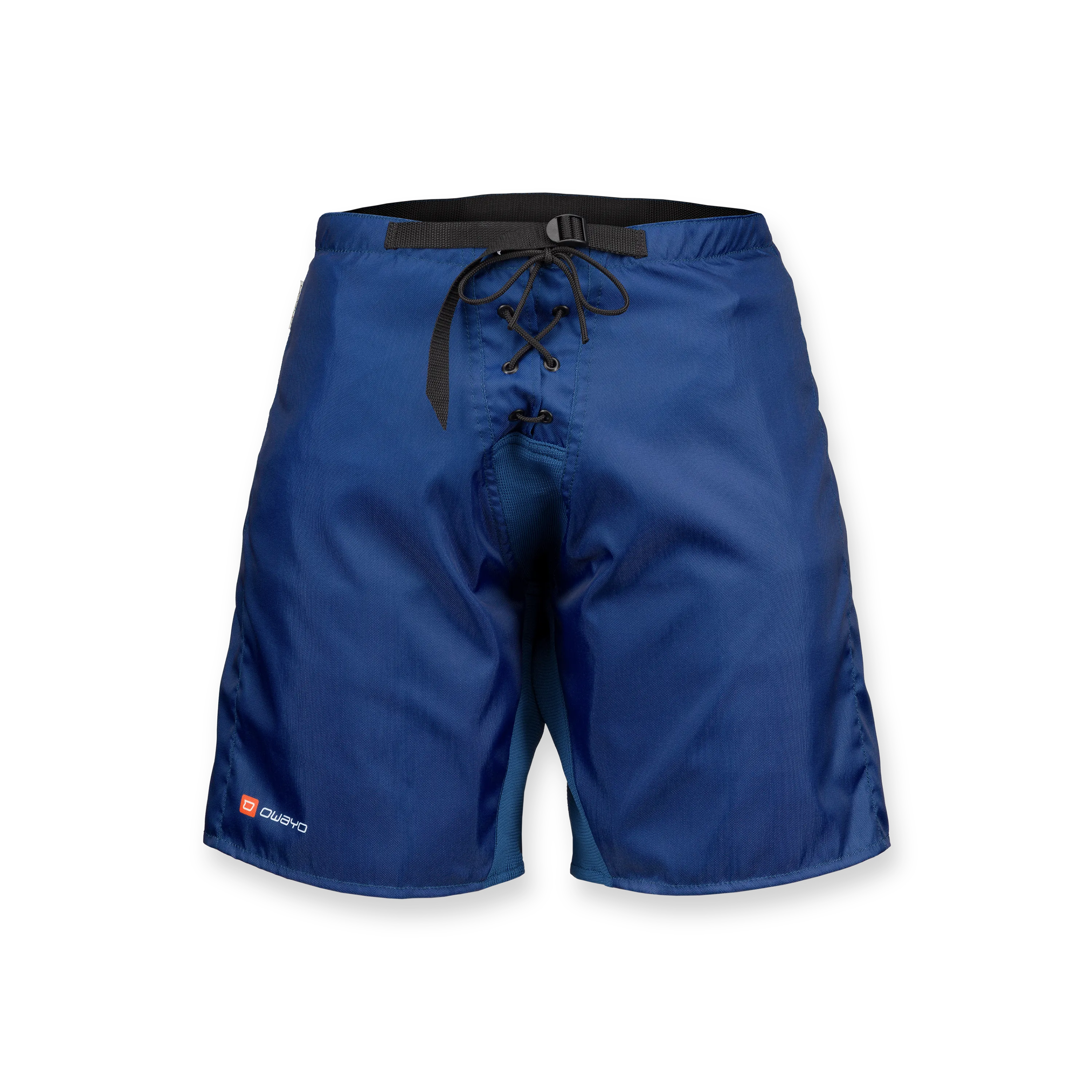Een vooraanzicht van blauwe sportshorts met een trekkoord en een elastische tailleband.