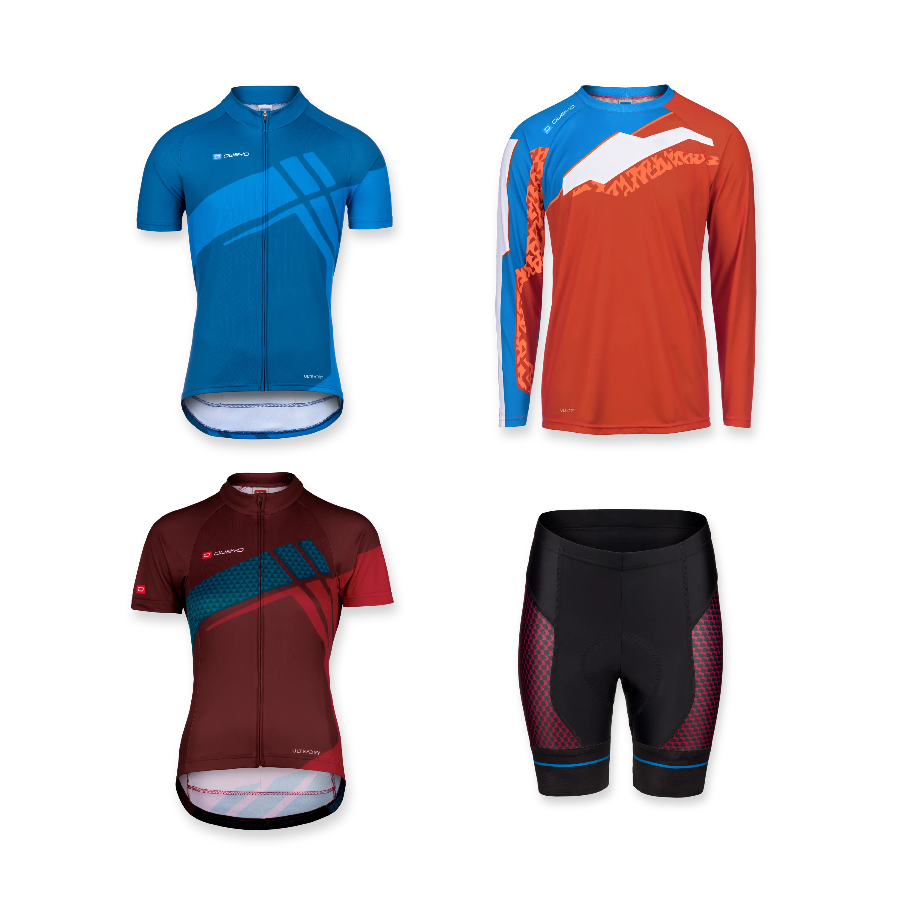 Vier verschillende sportkledingstukken, waaronder een blauw T-shirt met korte mouwen, een rood T-shirt met lange mouwen, een bordeaux T-shirt met korte mouwen en zwarte fietsshorts.