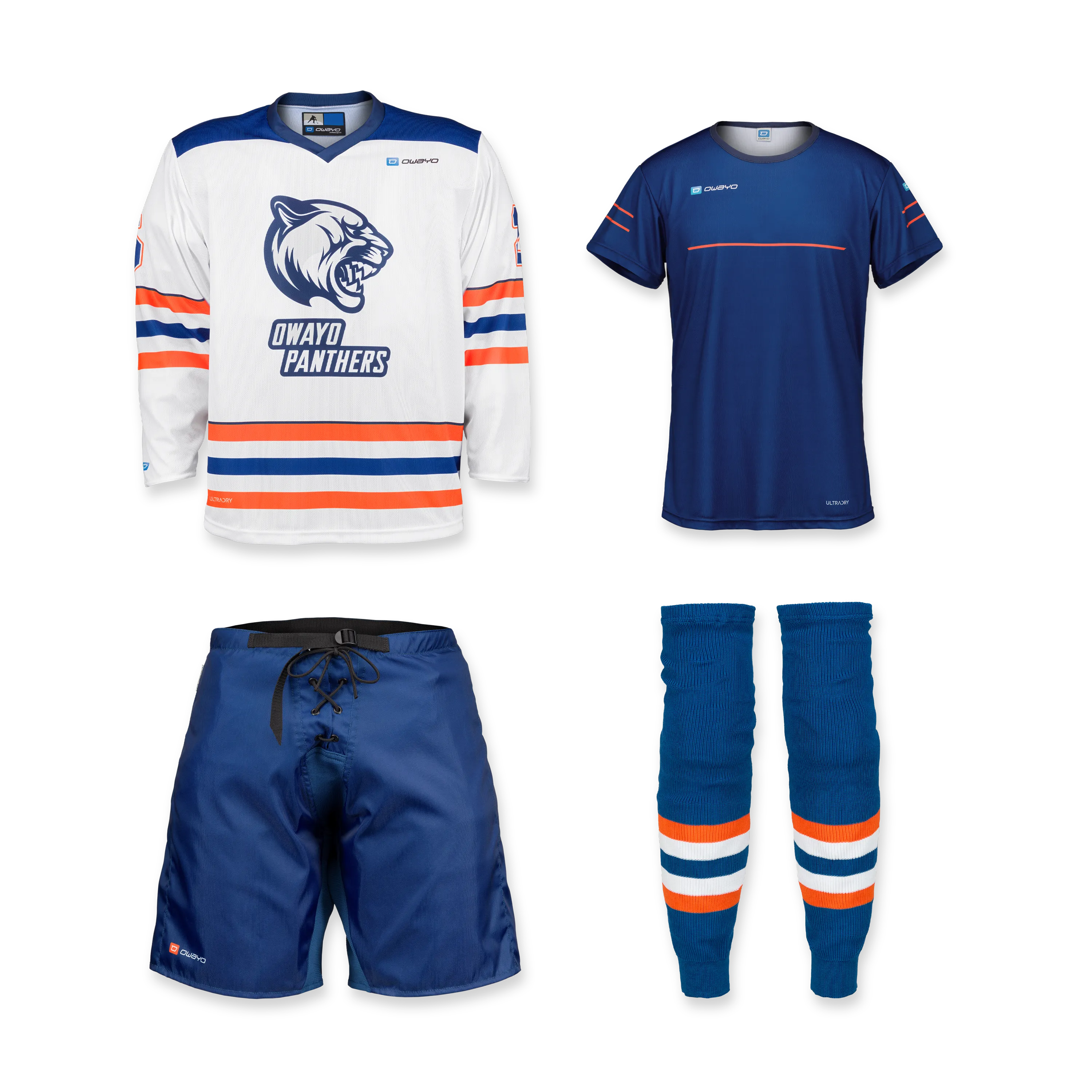 Een set met een wit hockeytruitje met een panterlogo, een blauw sportshirt, blauwe shorts en blauwe sokken met oranje en witte strepen.