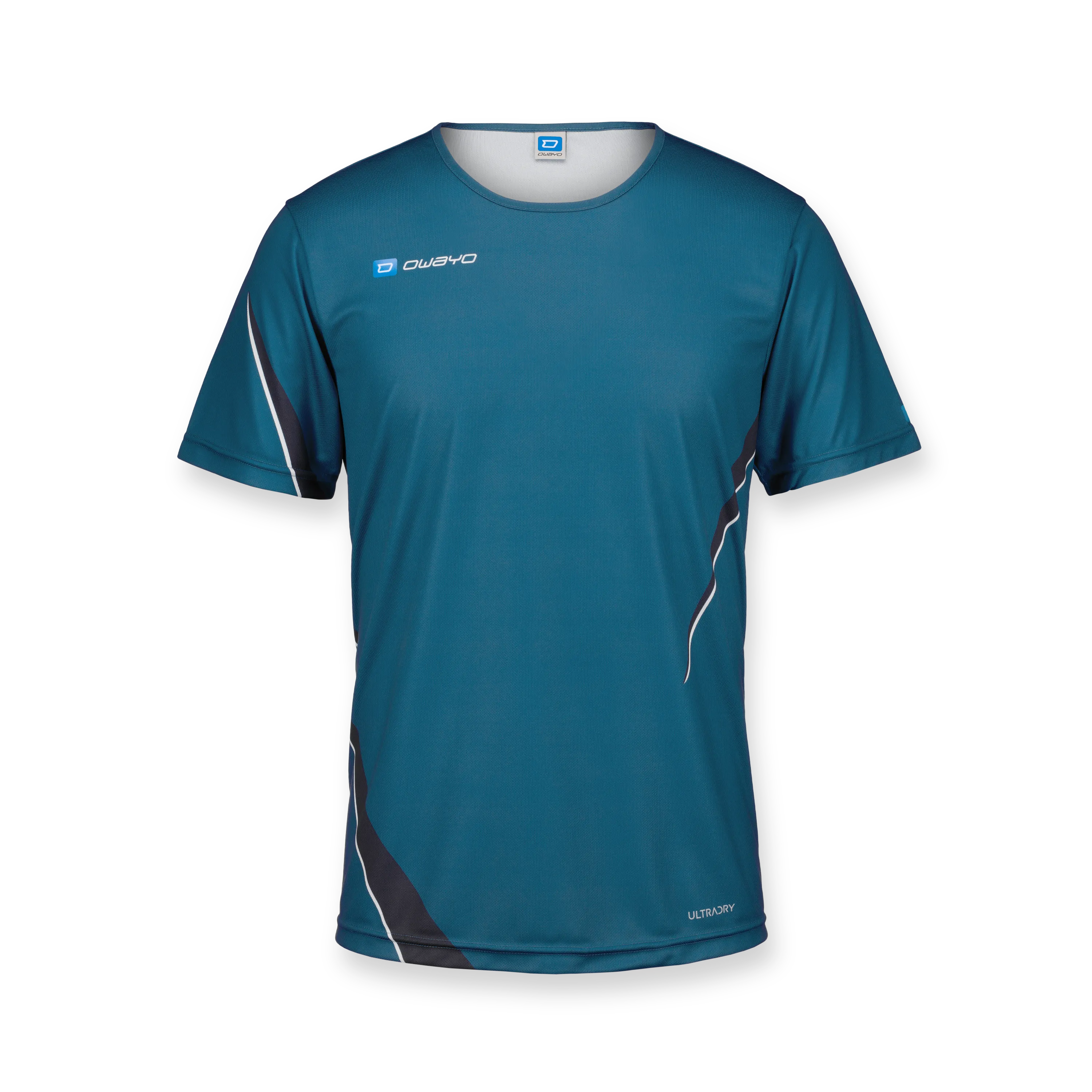 Een kort, blauw sportshirt met witte en zwarte accenten, ideaal voor sportieve activiteiten.