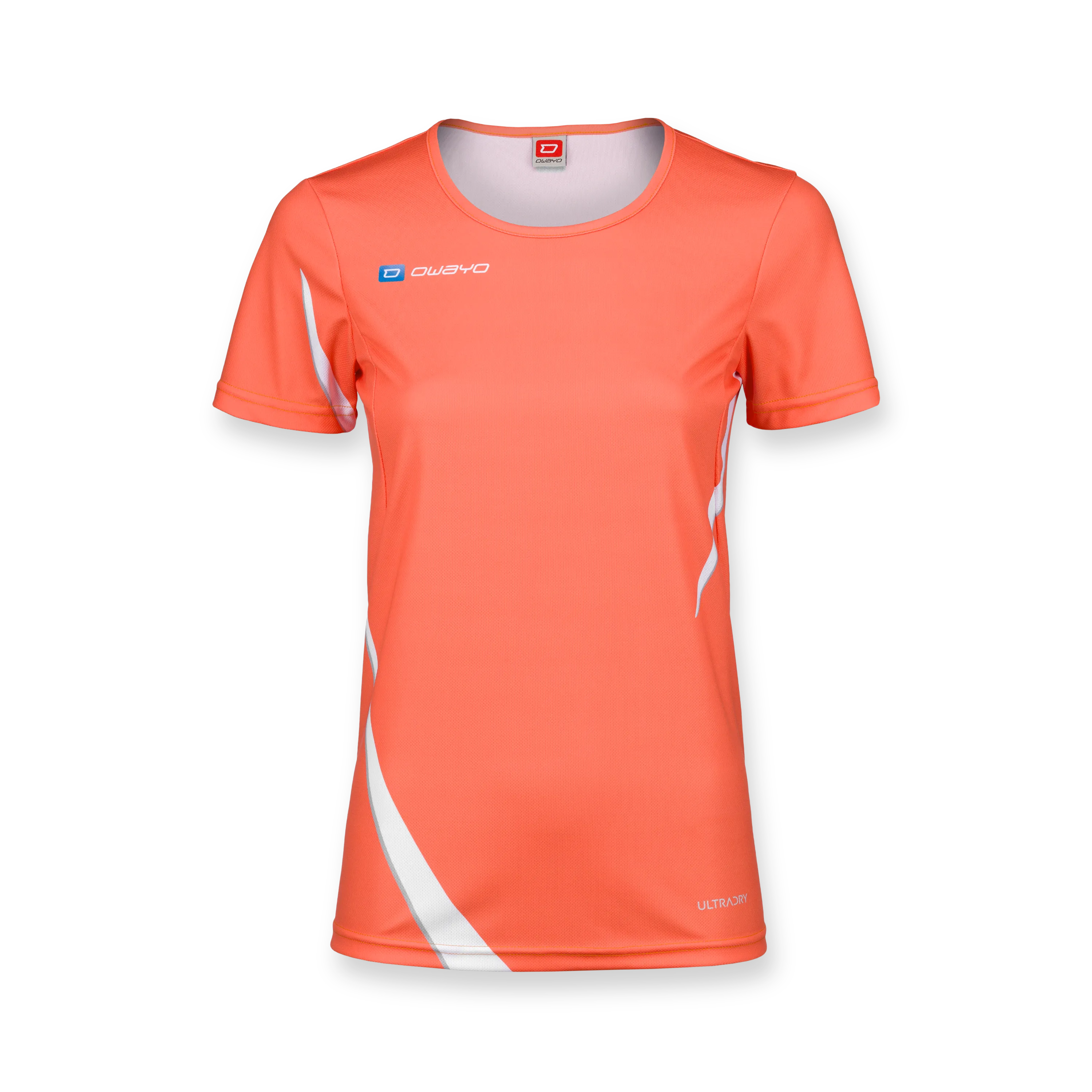 Een feloranje sportshirt met witte accenten en een ronde hals.