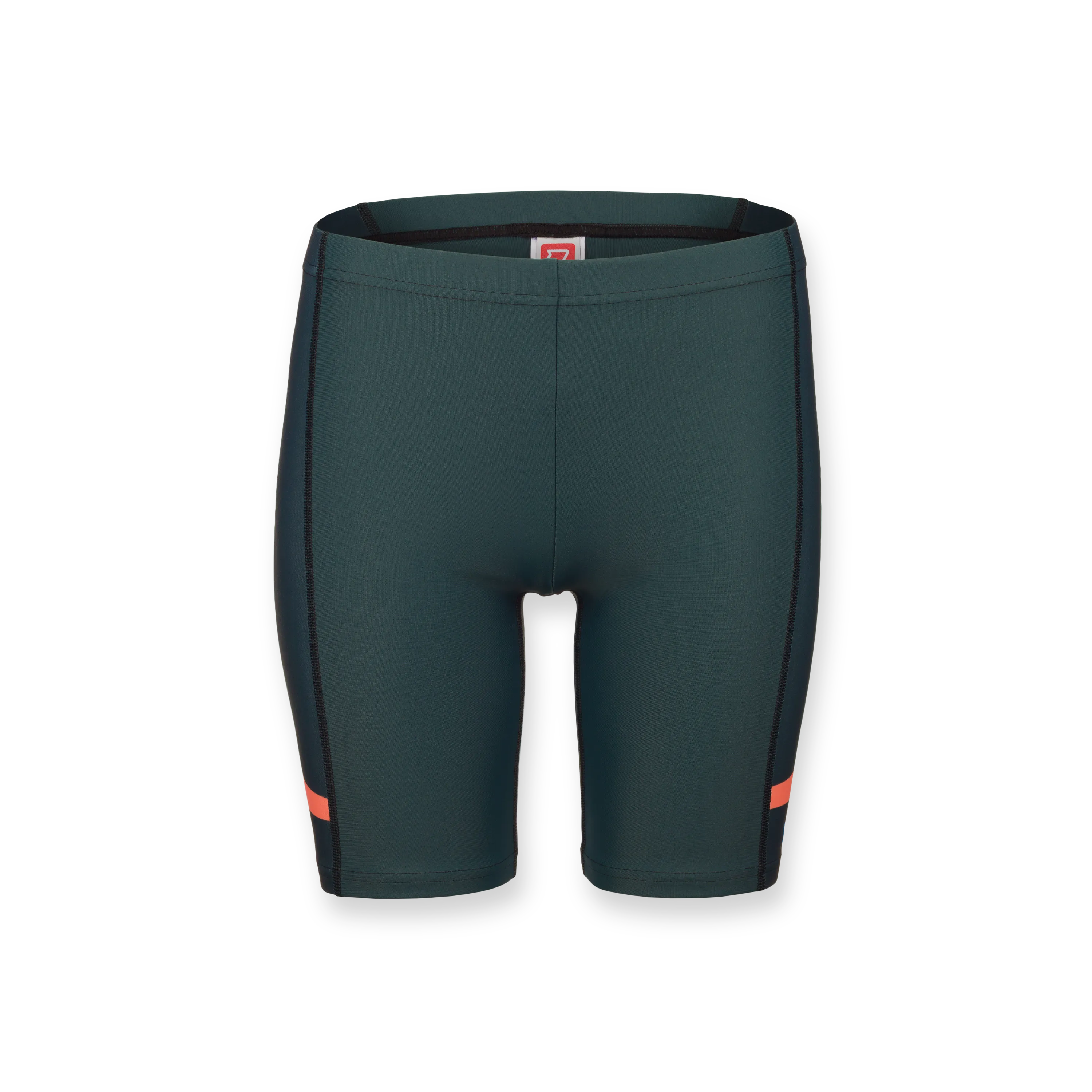 Donkergroene sportshorts met zwarte zijpanelen en een oranje streep.