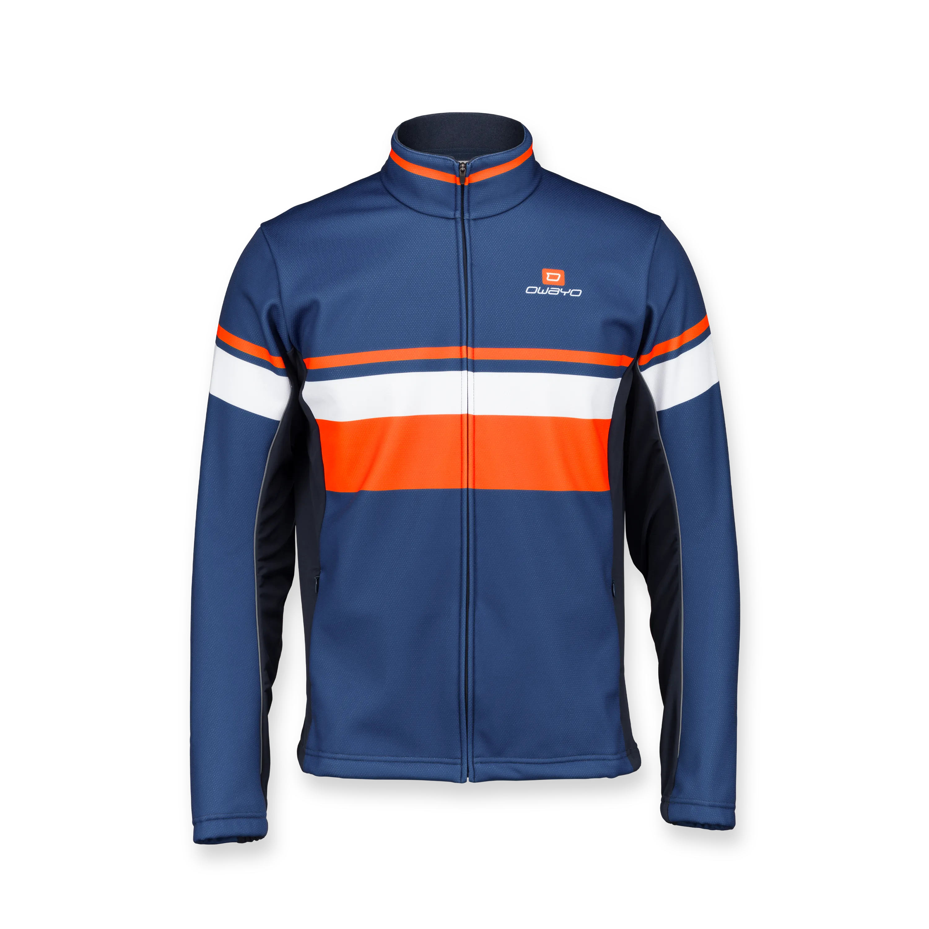 Een sportieve blauwe jas met oranje en witte strepen aan de voorkant.