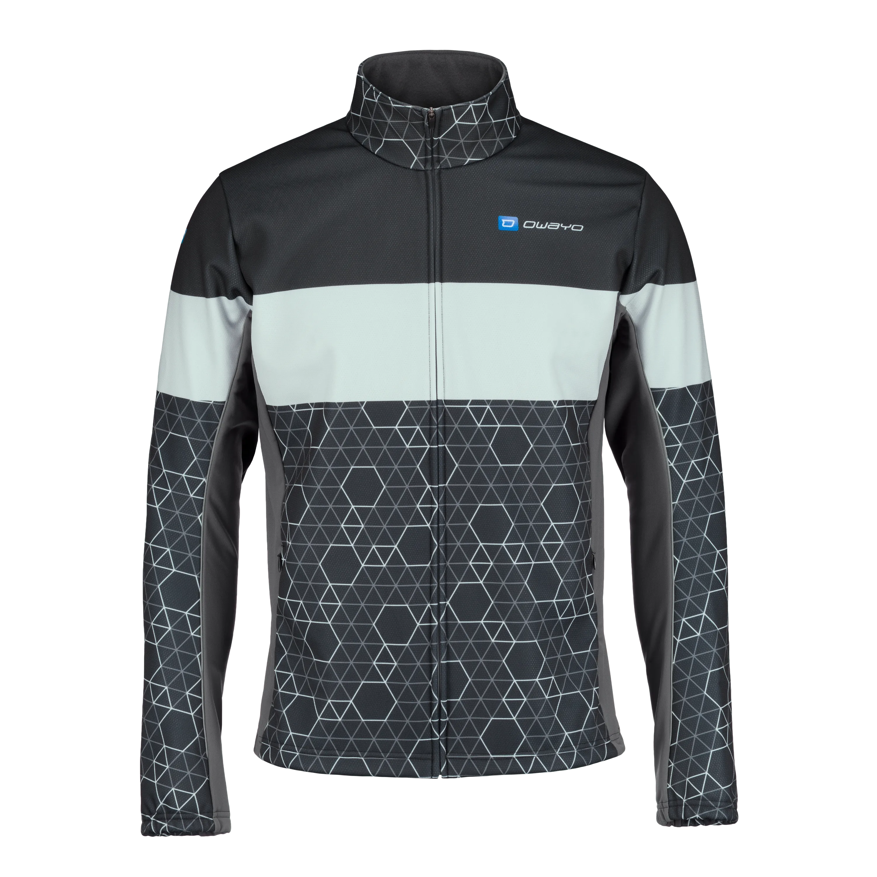 Een sportieve jas in zwart en grijs met een geometrisch patroon en een hoge kraag.