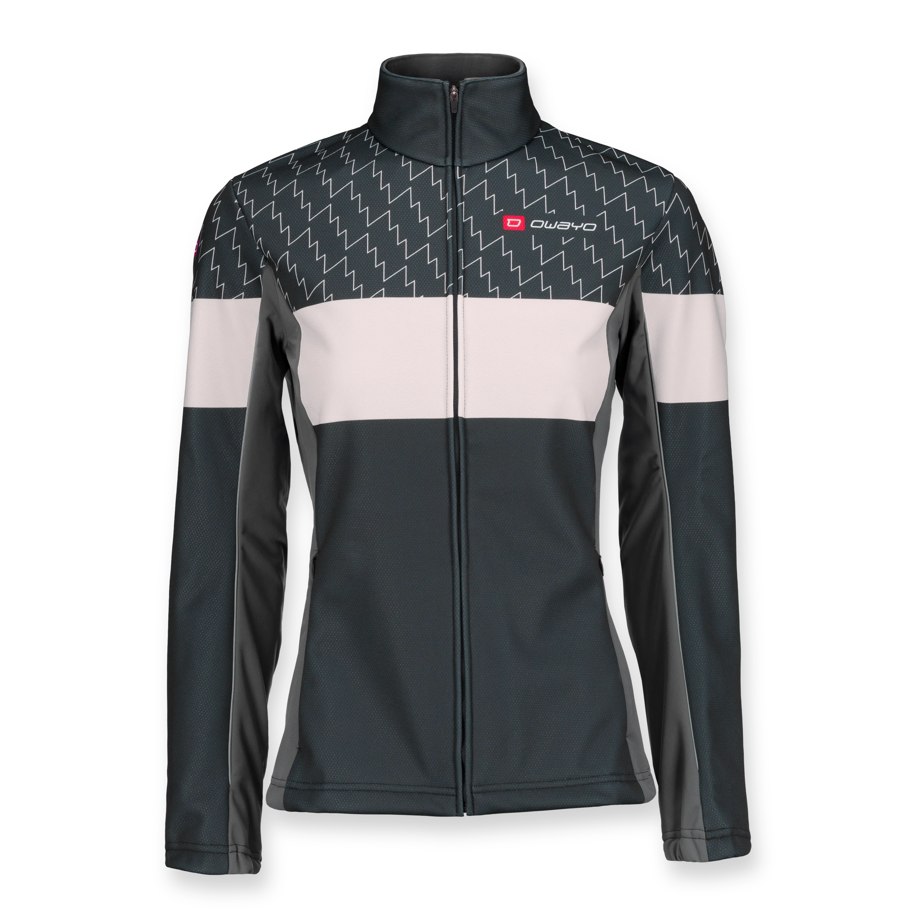 Een sportieve damesjas met een modern ontwerp in zwart, wit en grijstinten, met een hoge kraag en een volledige rits.