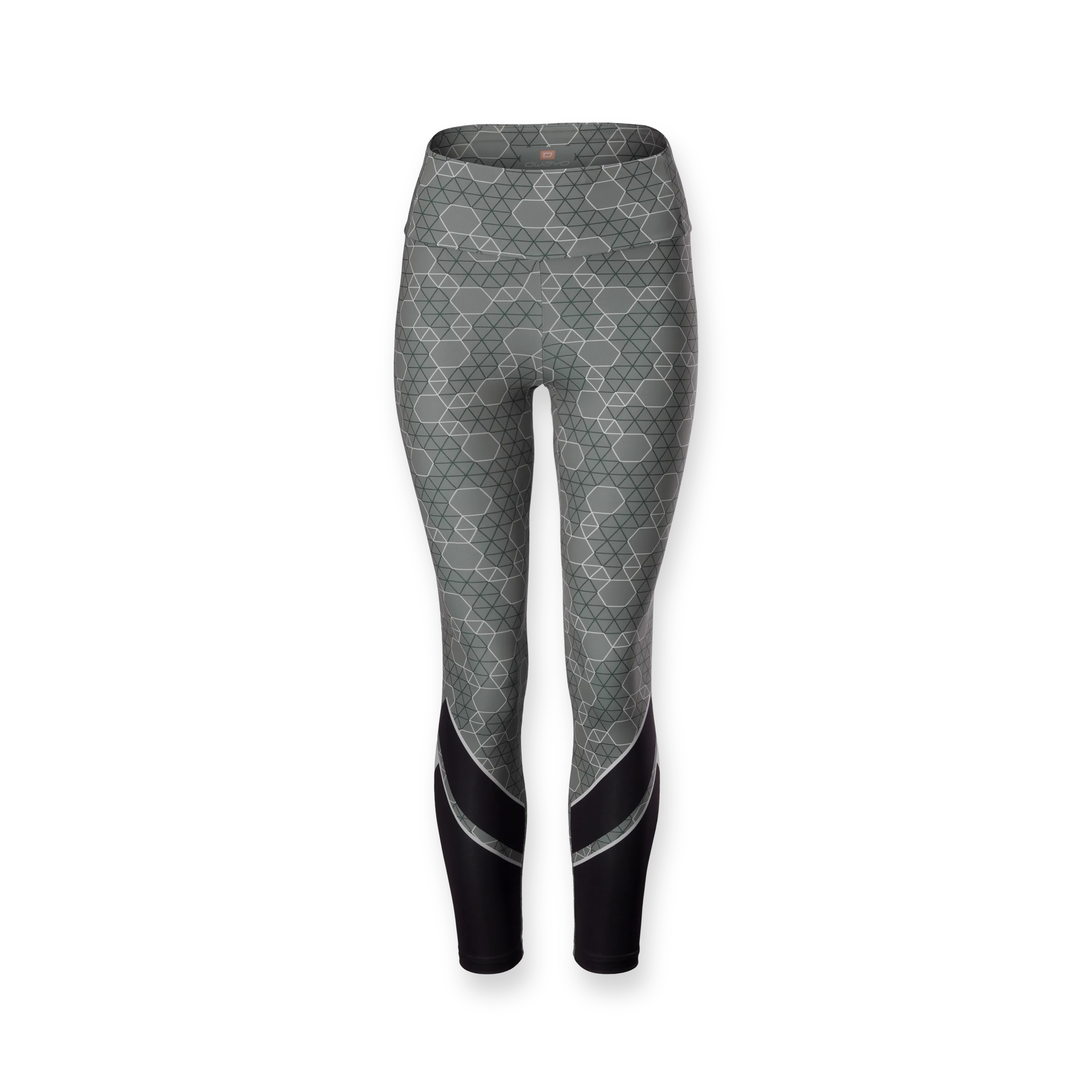 Grijze sportleggings met een patroon, voorzien van een smalle zwarte tailleband en zwarte zijpanelen.