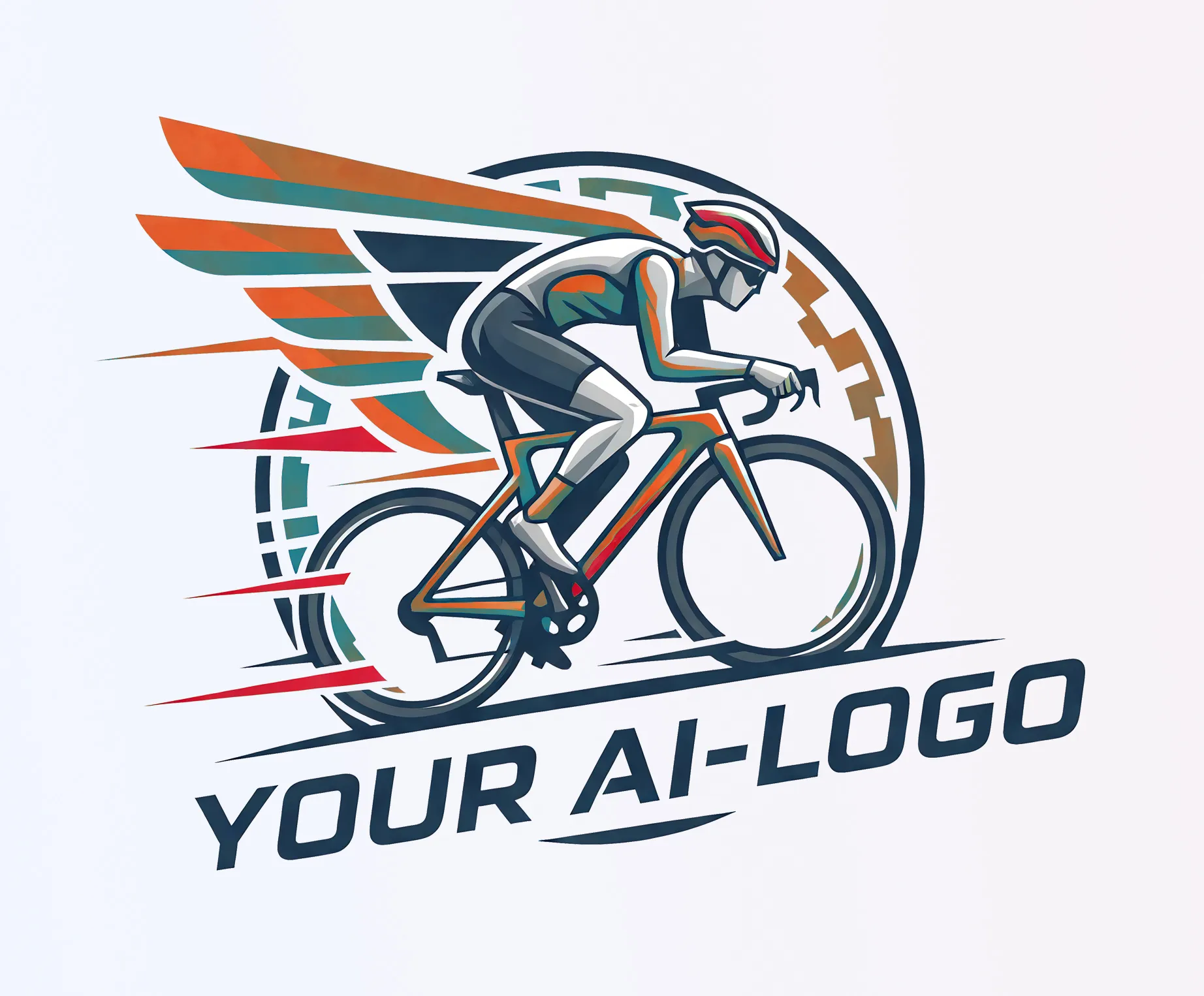 Een gestileerde fietser in een aerodynamische houding op een racefiets, omgeven door kleurrijke vleugels en snelheidslinies, met de tekst 'YOUR AI-LOGO' eronder.