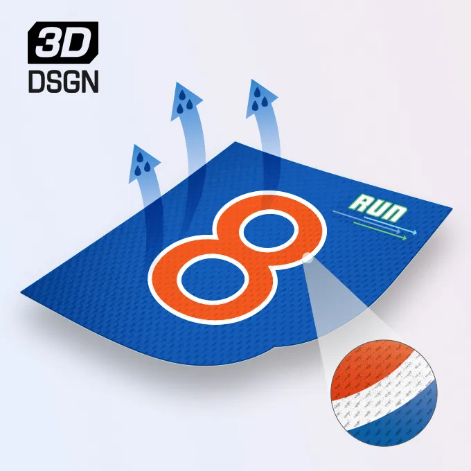 Een blauwe stof met een opvallend oranje '8' en het woord 'RUN', met gestructureerde details en een vergroot gedeelte dat een klein kleurenpatroon toont.
