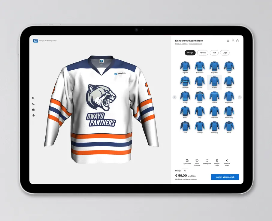 Een tablet toont de owayo 3D-configurator met een wit ijshockeysweater met blauwe en oranje accenten en een panterlogo.