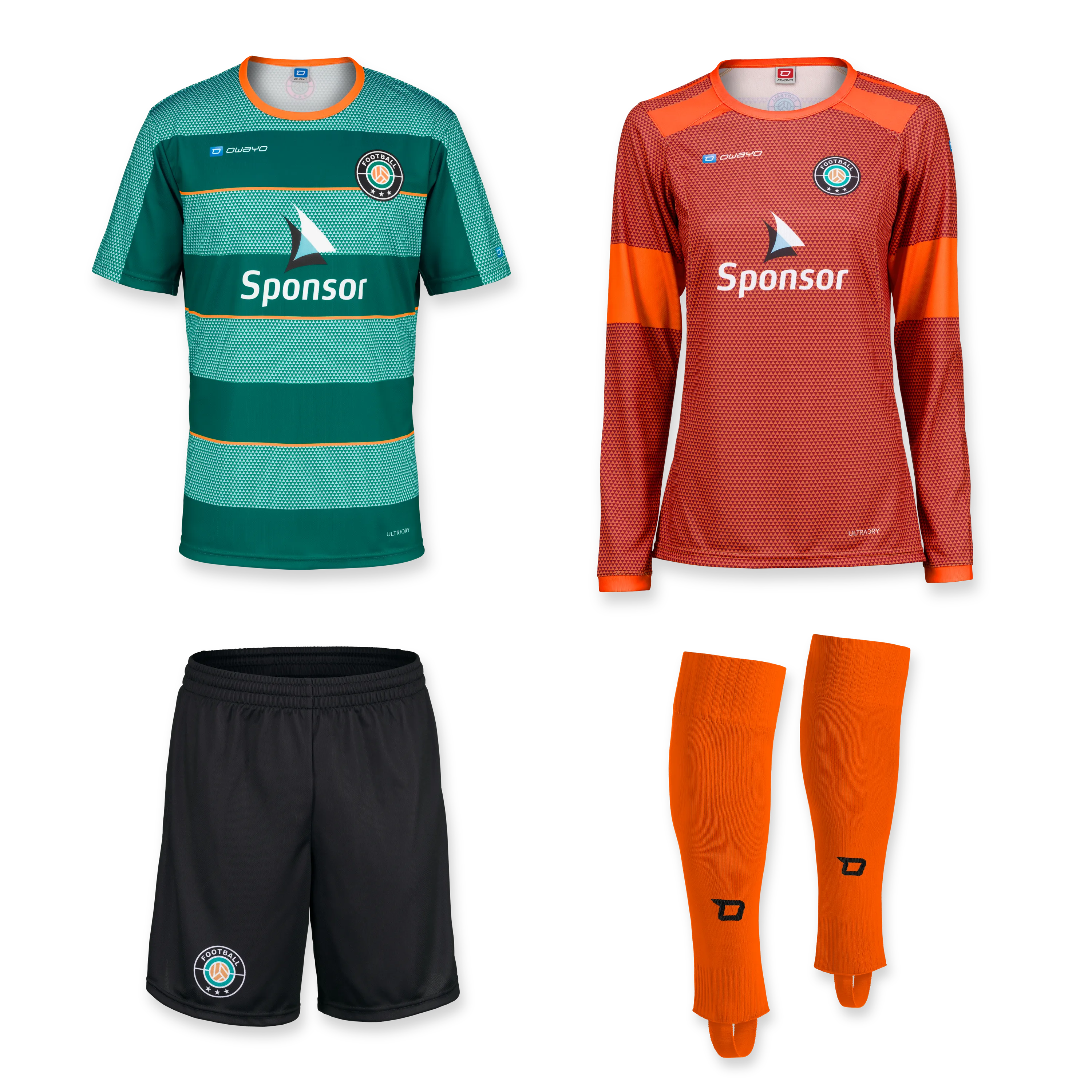 Een set van twee voetbalshirts, een zwart paar shorts en een paar oranje sokken, alles in verschillende kleurcombinaties.