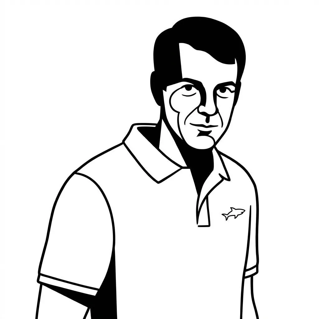 Een zwart-wit tekening van een man in een poloshirt met een haai-logo op de borst.