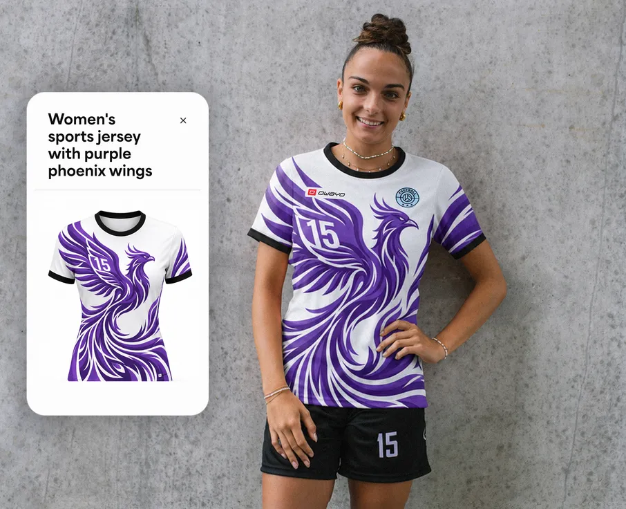 Een vrouw draagt een wit sportshirt met een paars fenikdesign en het nummer 15 terwijl ze voor een grijze muur staat.