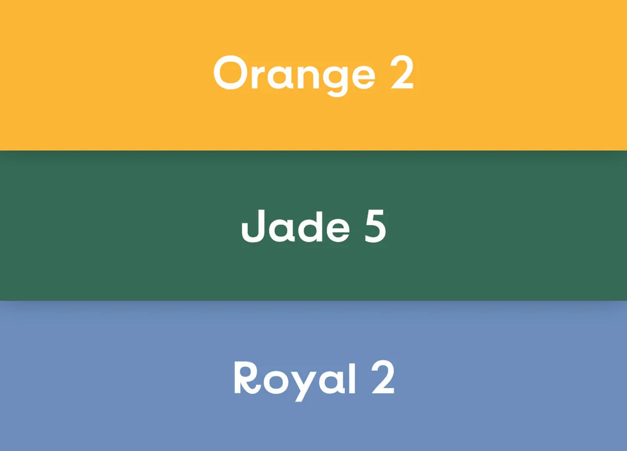 Drie horizontale kleurvlakken in oranje, jadegroen en koningsblauw met de labels 'Orange 2', 'Jade 5' en 'Royal 2'.