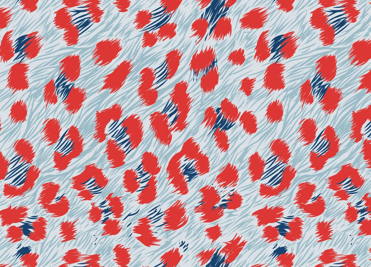 Een abstract patroon met rode en blauwe vlekken op een lichtblauwe achtergrond met een gestreepte textuur.