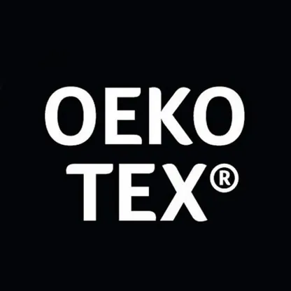 De afbeelding toont het OEKO-TEX®-logo in witte letters op een zwarte achtergrond.