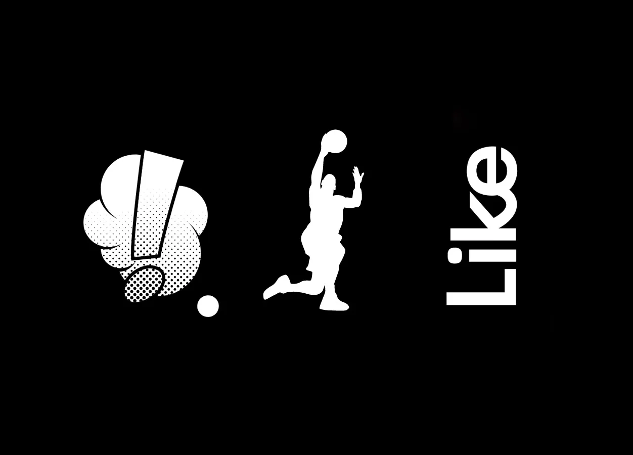 Witte grafiek op een zwarte achtergrond met een stripballon-symbool, een silhouet van een basketbalspeler en het woord 'Like'.