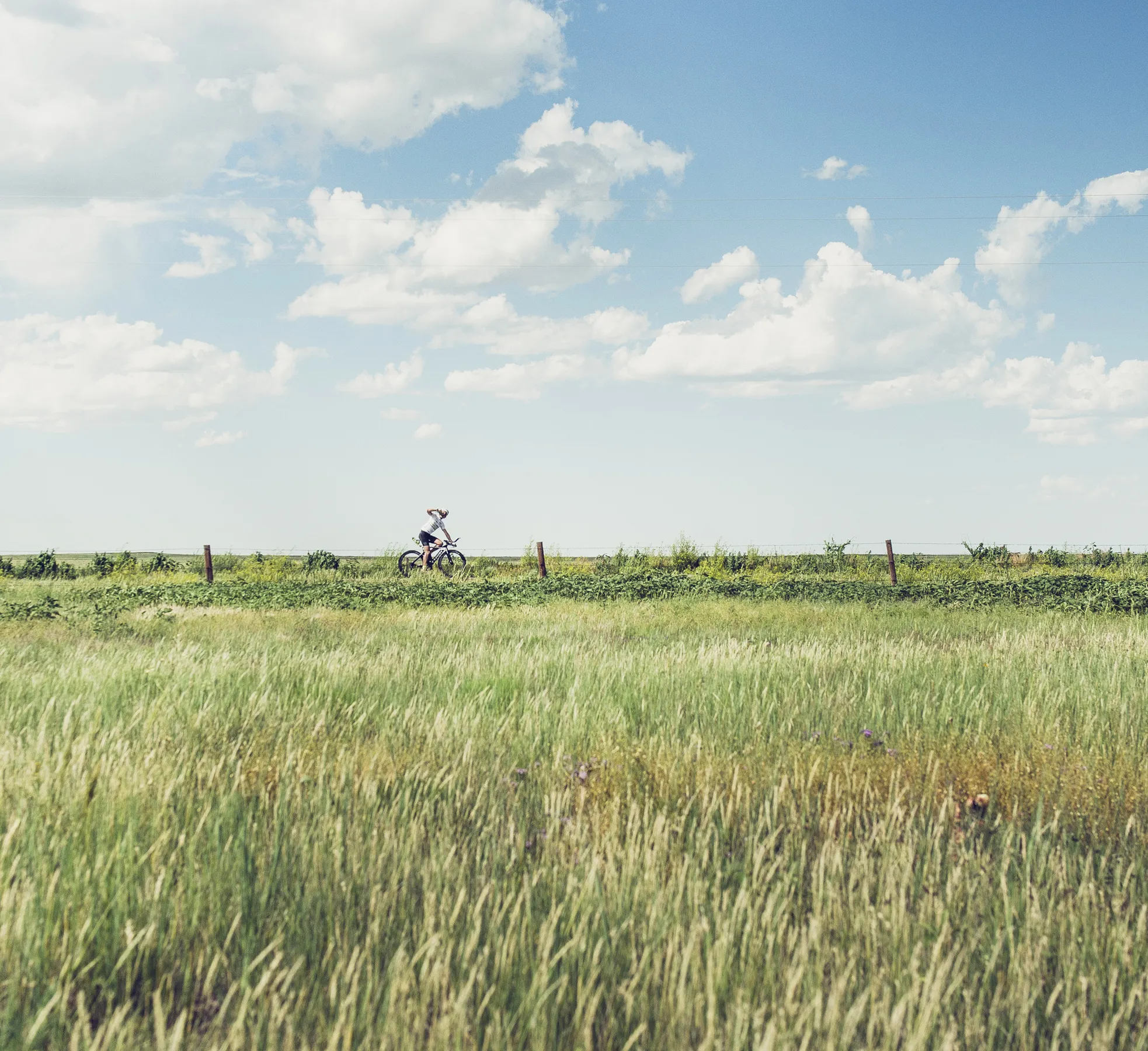 Een fietser in een landelijke omgeving met hoog gras en een blauwe lucht, wat ecologische verantwoordelijkheid en buitensport symboliseert.