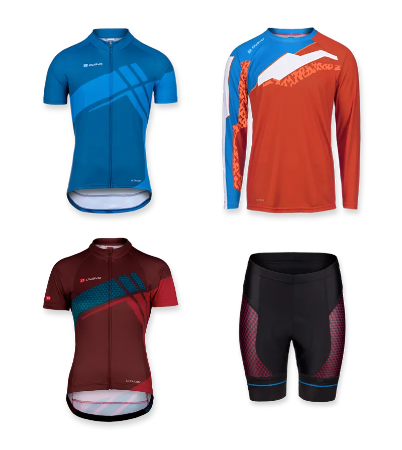 Overzicht van vier verschillende owayo fietspakken en een fietsbroek, waaronder een blauw korte mouwen jersey, een oranje lange mouwen jersey, een donkerrood korte mouwen jersey en een zwarte fietsbroek met rode en blauwe accenten.