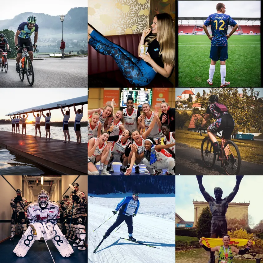 Een collage van atleten die verschillende activiteiten beoefenen, waaronder fietsen, basketbal, roeien en wintersport, allemaal in sportkleding.