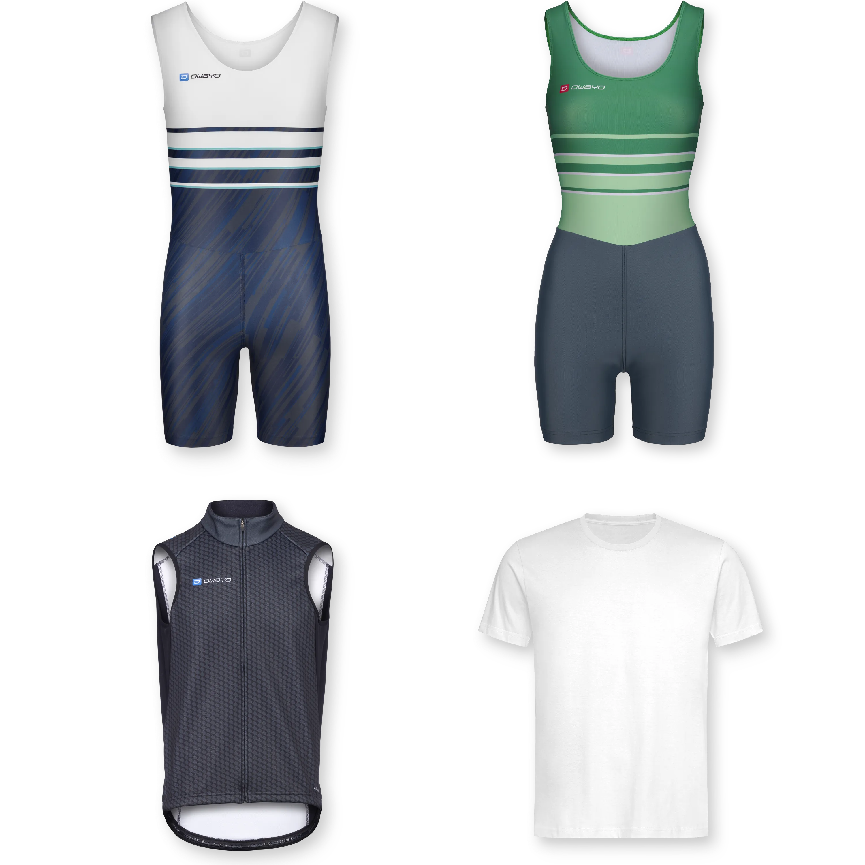 Alle producten Diverse sportkleding voor roeien, inclusief een-pieces en een T-shirt.